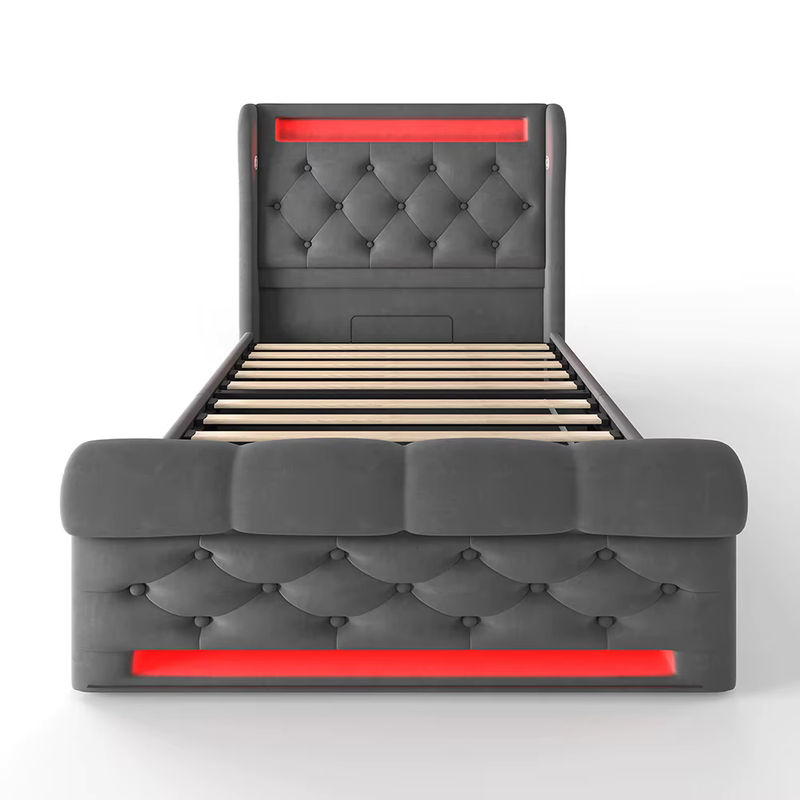 KOMHTOM Modernes Polsterbett Einzelbett in Grau mit LED-Leuchten, USB- und Typ-C-Anschlüssen und hydraulischem Stauraum, B/T/H: 90 x 200 cm - Bild 7