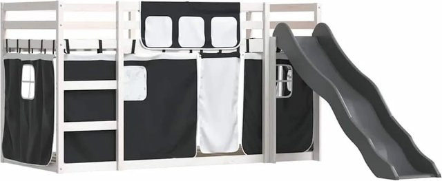 vidaXL Etagenbett für Kinder aus massivem Kiefernholz mit Rutsche und Gardinen, Weiß und Schwarz, B/T/H: 90 x 200 cm - Bild 1