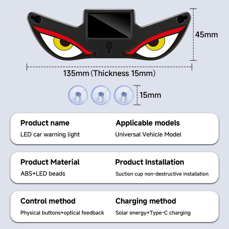 YaLumei Solar LED Teufelsaugen-Lampe in Schwarz für das Auto mit Monster-Gesichtsausdruck und kabelloser Dreieck-Fenstermontage zur Ambiente-Beleuchtung - Bild 4