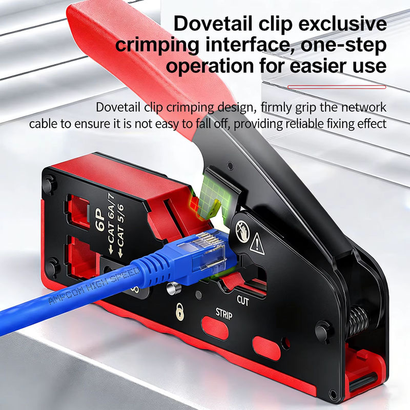 Kebidumei Crimpzange für CAT7 und CAT6 Netzwerkkabel, vertikales Crimpwerkzeug mit Abisolier- und Schneidefunktion für RJ45 8P6P Stecker, Farbe: Rot - Bild 2