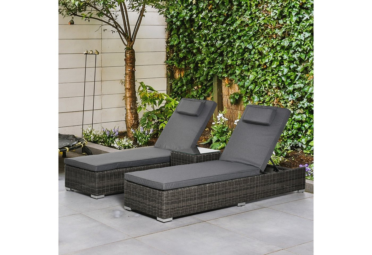 Outsunny Gartenliege Set aus Poly-Rattan in Grau mit 6-fach verstellbarer Rückenlehne, 3er-Gartenliegegruppe, B/T/H: 195 x 60 x 91 cm - Bild 1