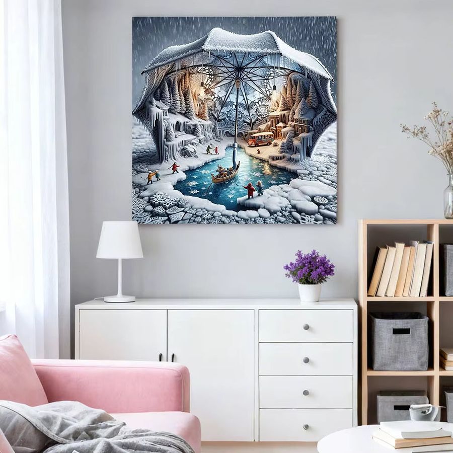 HUACAN 5D Diamantmalerei Winter Landschaft mit Regenschirm als runde Diamant Mosaik Wanddekoration - Bild 3