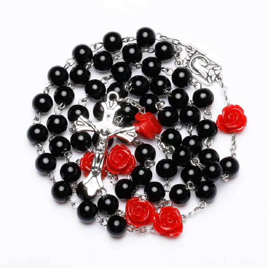 DAIPAN Halskette Rosenkranz, rote Glasperlen, Kruzifix Anhänger, Unisex - Bild 2