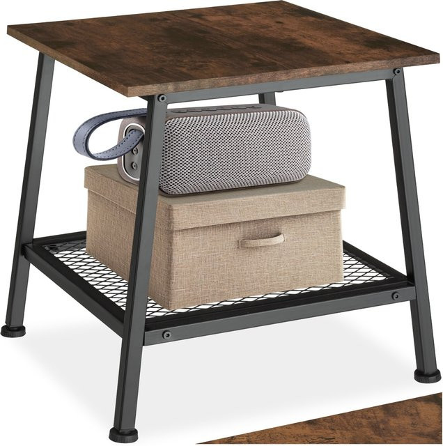 tectake Beistelltisch Bedford Industrial Style in Schwarz und Dunkelholz mit Stahlgestell und Gitterablage, B/T/H: 45,5 x 45 x 47 cm - Bild 1