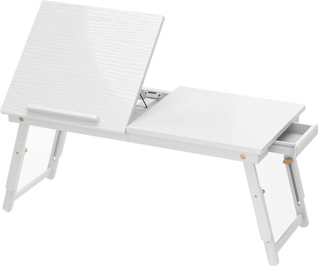 HOMCOM Betttisch aus Bambus in Weiß, klappbarer und höhenverstellbarer Laptop-Tisch mit neigbarer Platte und Schublade, B/T/H: 83,5 x 33 x 23,5-34 cm - Bild 1