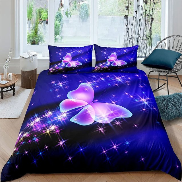 Bettwäscheset mit Schmetterlings- und Galaxie-Motiv von Binchi Fitness in Lila und Blau, Material Mikrofaser, B/H: 140 x 210 cm - Bild 1
