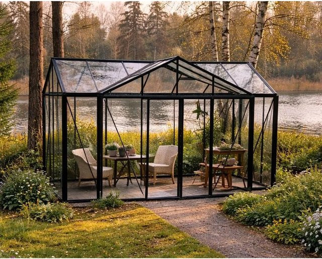 Bloomcabin Gewächshaus T-Modell Orangerie GHT1 aus Aluminium und Sicherheitsglas in Schwarz mit integrierten Dachfenstern und Belüftungssystem - Bild 1