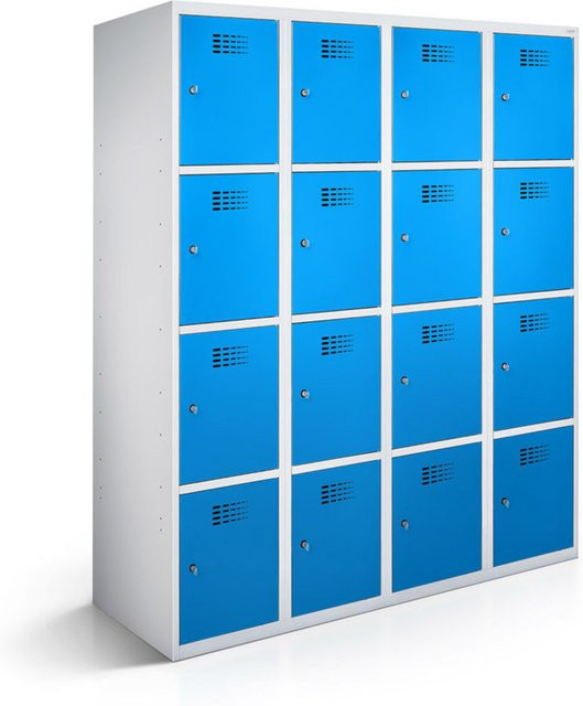 rotstahl Fächerschrank mit 16 Fächern, Korpus lichtgrau und Türen blau, B/T/H: 120 x 50 x 180 cm - Bild 1