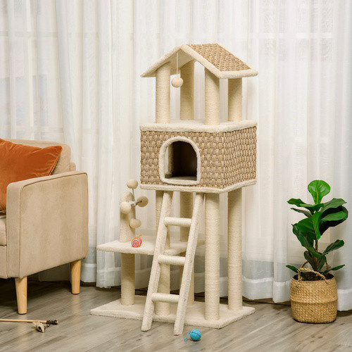 PawHut Kratzbaum beige mit Katzenhöhle und integriertem Spielzeug, B/T/H: 40 x 69 x 130 cm - Bild 2