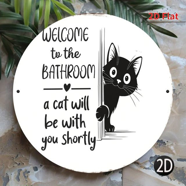 Potdemiel Badezimmer-Türschild Welcome to the Bathroom mit Katzenmotiv, rundes Metall-Türschild in Schwarz-Weiß, Durchmesser: 20 cm - Bild 1