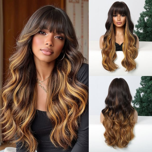EASIHAIR Perücke, lange gewellte synthetische Faser mit Pony, Damen, Golden Highlight - Bild 1