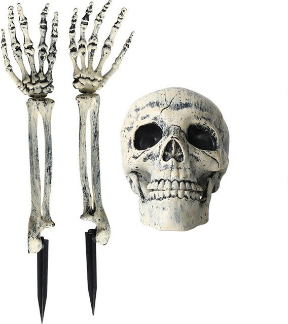 CosyHome Halloween Leuchtendes Skelett Set aus Kunststoff mit Kopf, Händen und Armen in Schwarz, Weiß und Grau zur Außendekoration für Garten und Rasen - Bild 1