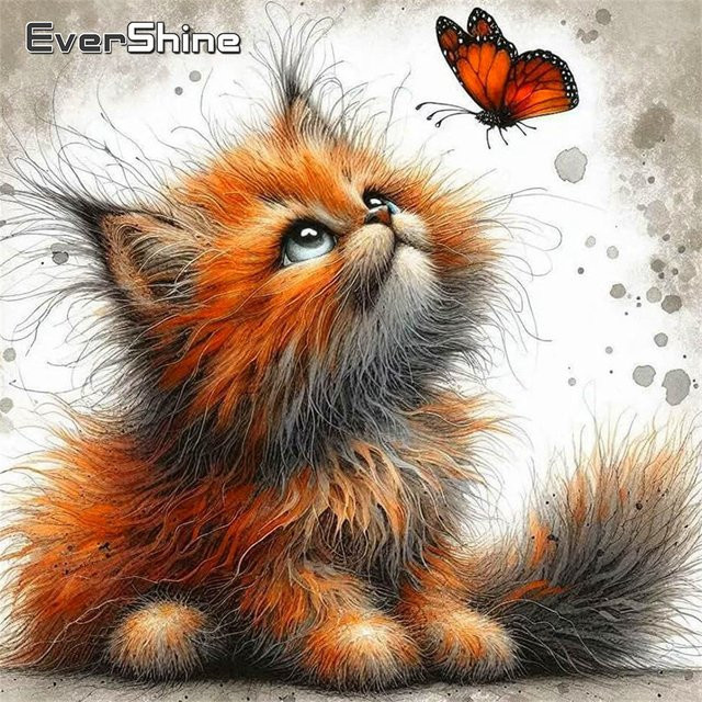 Evershine DIY Diamantmalerei Set Katze mit Schmetterling als 5D Mosaik Stickerei in Multicolour, Breite: 20 cm, Höhe: 20 cm - Bild 1