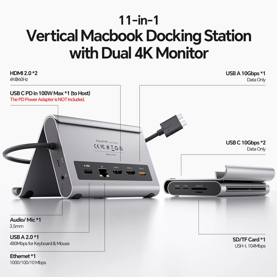 PULWTOP USB-C Dockingstation Ständer mit 2 HDMI, PD, Ethernet, USB-A/C 10Gbps, Audio und SD/TF Slots - Bild 2