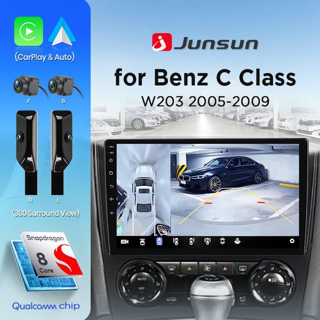 Junsun Android Auto Multimedia Radio für Mercedes Benz C-Klasse W203 2005-2009 mit 8-Core Prozessor, 360 Kamera, kabellosem CarPlay, GPS, Bluetooth und DAB+ in Schwarz - Bild 1