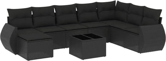 vidaXL 9-teilige Garten-Sofagarnitur in L-Form aus schwarzem Poly-Rattan mit Kissen und pulverbeschichtetem Stahlgestell - Bild 1
