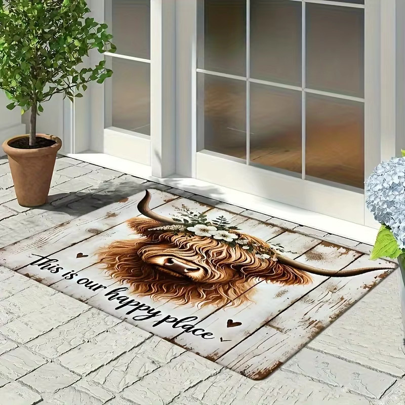 VIKAMA Highland Cow This Is Our Happy Place Fußmatte mit floralem Bauernhaus-Design, rutschfest und waschbar, Mehrfarbig, B: 60,0 cm, T: 40,0 cm - Bild 6