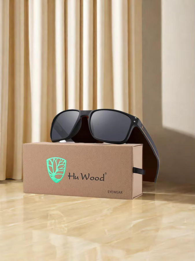 Hu Wood Brand Design Sonnenbrille Herren, Vollrand, Holz, Schwarz, Square - Bild 4
