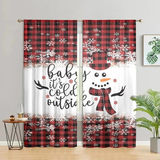 2er-Set Weihnachten Schneemann Vorhänge kariert in Weiß und Rot, halbtransparent, B: 150 cm, H: 166 cm - Bild 1