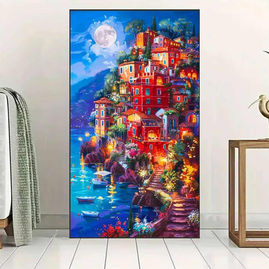 HUACAN Diamant-Mosaik-Malerei Landschaft Haus Mond Wanddekoration, Mehrfarbig, B/H: 70 x 40 cm - Bild 3