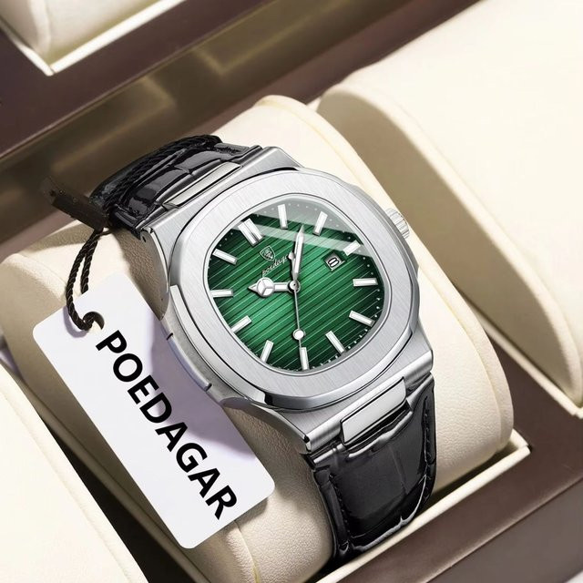POEDAGAR Armbanduhr Quarz, Leder, Silber, Datum, Herren - Bild 1