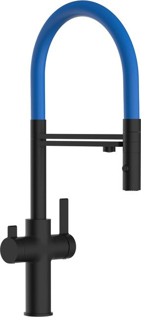 VIZIO Küchenarmatur mit 3-Wege-Niederdruck-Wasserhahn, 360° schwenkbarer Auslauf und abnehmbarer 2-Strahl-Handbrause, Schwarz Matt mit Blau - Bild 1
