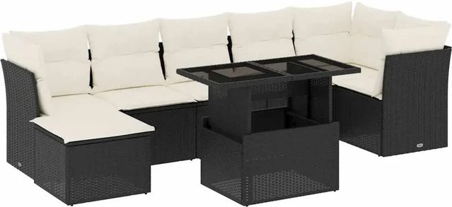 vidaXL 8-teilige Garten-Sofagarnitur in L-Form aus Poly-Rattan und pulverbeschichtetem Stahl mit Kissen in Schwarz-Creme - Bild 1