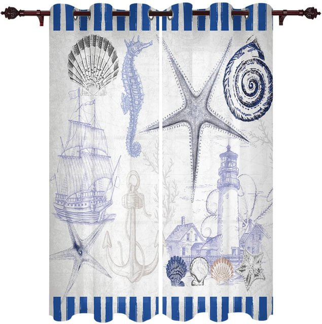 Yiran Furniture Vorhänge im maritimen Design mit Anker und Seestern, 2er-Set Streifenmuster, semi-transparent, Weiß, Breite: 50 cm, Höhe: 130 cm - Bild 1