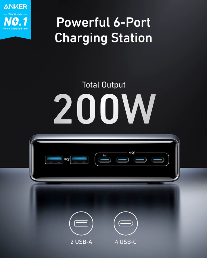 Anker Prime Ladestation 200 W mit 6 USB-C Ports GaN Schnellladegerät in Silber - Bild 2