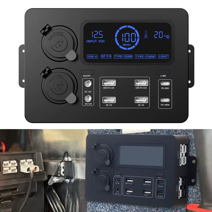 600 W Auto Power Box Multi Power Adapter in Schwarz mit 12 V und 5 V Digital Typ-C PD USB Ladegeräten, LED Licht, Control Hub und Voltmeter für RV und Boot - Bild 5