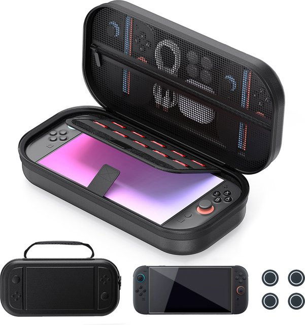 GMAXFUN Tragbare Hartschalen-Reisetasche für Nintendo Switch 2 und NS2 in Schwarz mit Glas-Displayschutz und Kappen - Bild 1