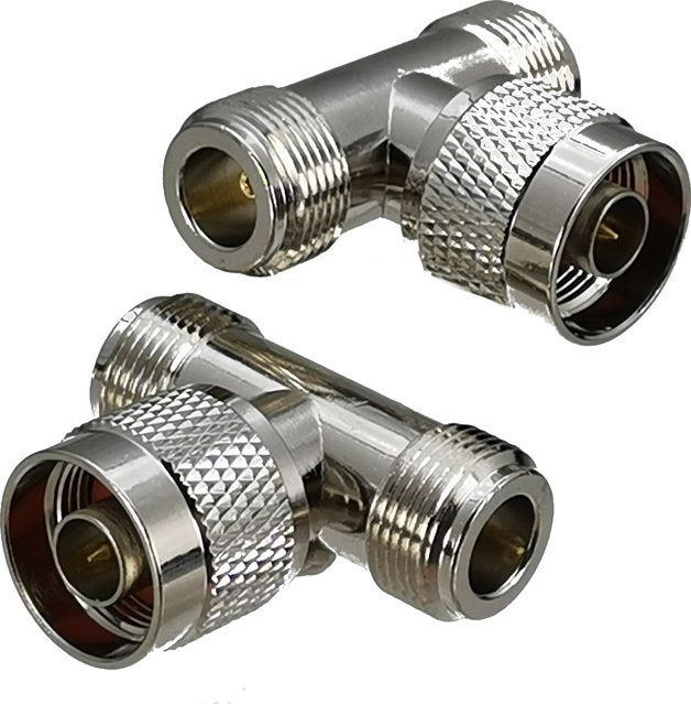 N-Stecker auf 2x N-Buchse Typ T RF Koaxial-Adapter, gerade, Silber - Bild 1