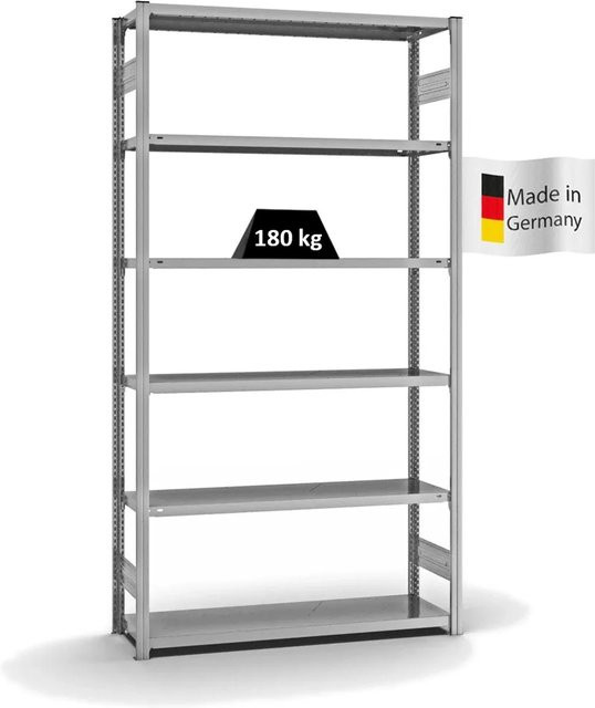 PROREGAL Fachbodenregal Stecksystem T-Profil Light-Duty, verzinkt, Farbe: Silber, H x B x T: 250 x 130 x 40 cm, 6 Ebenen, Fachlast 180 kg, beidseitig nutzbar - Bild 1
