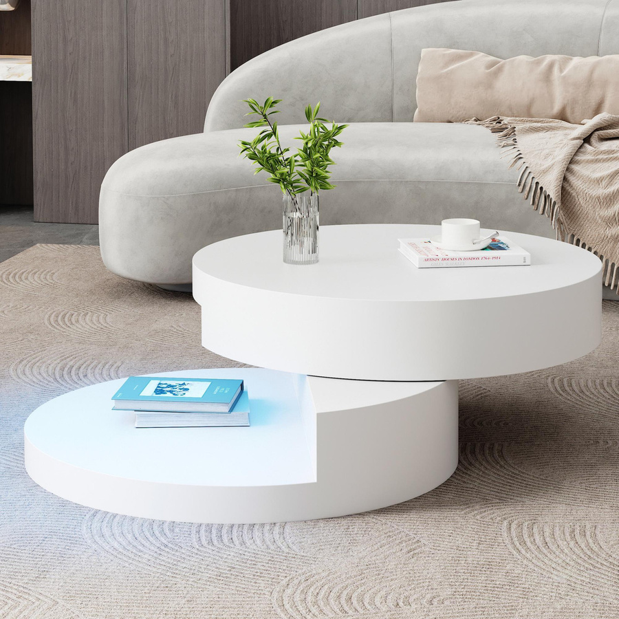 Zylindrischer Couchtisch mit 360 Grad drehbarer Tischplatte und LED-Lichtstreifen in Weiß, B/T/H: 70 x 70 x 35,5 cm - Bild 2