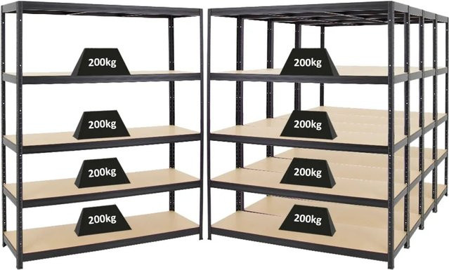 5er Set PROREGAL Schwerlastregal Giant Elephant Schwarz mit verstellbaren Fachböden aus MDF und Metall, H x B x T: 180 x 150 x 45 cm - Bild 1