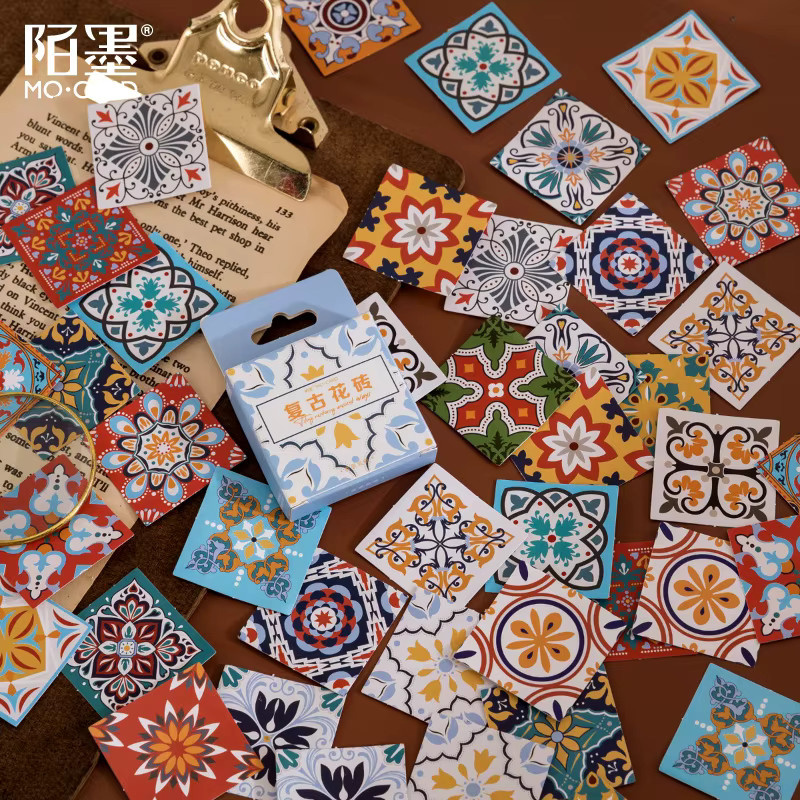 46 Blatt Retro-Blumenfliesen Sticker im exotischen Vintage-Stil, handgefertigte DIY-Dekoration mit ethnischen Motiven, Mehrfarbig - Bild 2
