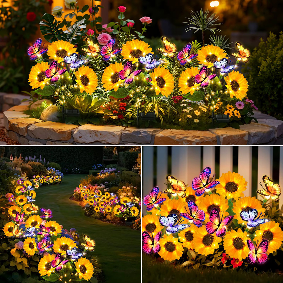 PUAIDA Solar Sonnenblumen Gartenlichter Set mit 16 Schmetterlingen, Wasserdichte Solar Blumen Deko in Gelb für Garten und Rasen - Bild 6
