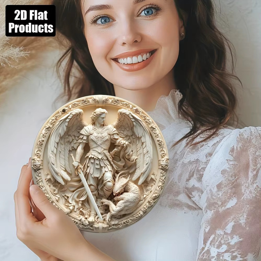 HELLOYOUNG Vintage-Metallschild mit Engel-Motiv, rund, Beige, Durchmesser: 20,3 cm - Bild 3