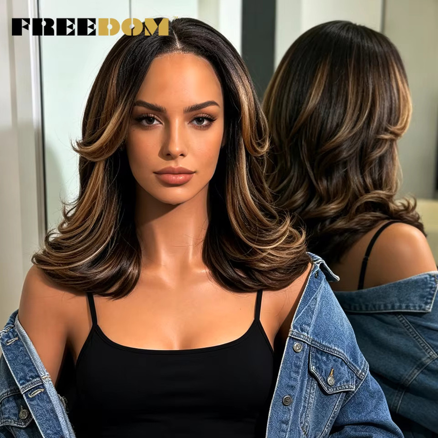 FREEDOM Synthetische Lace-Front-Perücke, 14 Zoll Bob mit Pony, Ombre-Braun-Highlight, Damen - Bild 2