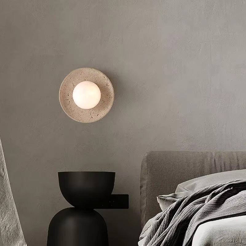 Wabi Sabi LED Wandleuchte aus Naturstein in Beige, kreisförmige minimalistische Wanddekoration für Korridor und Treppe, warmweiß - Bild 2