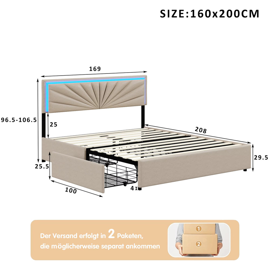 FEEOHOME Polsterbett Beige mit 4 Schubladen und Unterbettbeleuchtung, B/T: 160 x 200 cm - Bild 2