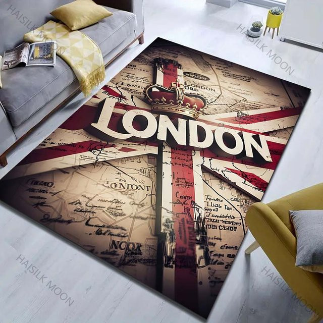 UQIDEHOME Vintage London Karten Druck Teppich, Waschbarer Rechteckiger Bodenmatte für Wohnzimmer und Schlafzimmer, B/T: 130 x 90 cm, Multicolour - Bild 1