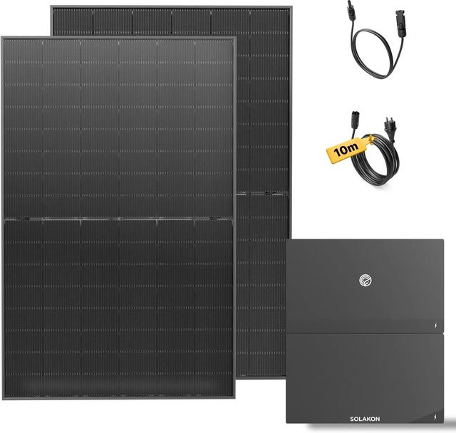 Solakon Balkonkraftwerk 900W Solaranlage in Schwarz mit 4,22 kWh Speicher und 10m Kabel als steckerfertiges Photovoltaik Komplettset - Bild 1