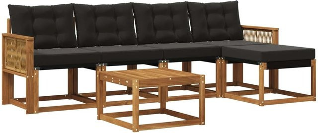 vidaXL Outdoor-Sofagarnitur aus massivem Akazienholz mit 6 Kissen in Schwarz und Natur mit Textilene-Bezug - Bild 1