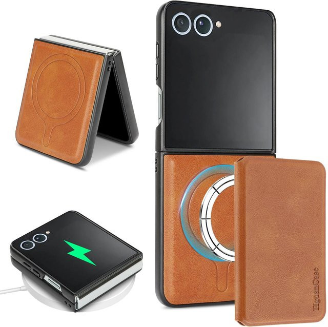 2-in-1 Magnetische Lederhülle mit Kartenfach für Samsung Galaxy Z Flip (Modelle: Z Flip 8, 7, FE, 6, 5, 4, 3) in Braun, kompatibel mit kabellosem Laden - Bild 1