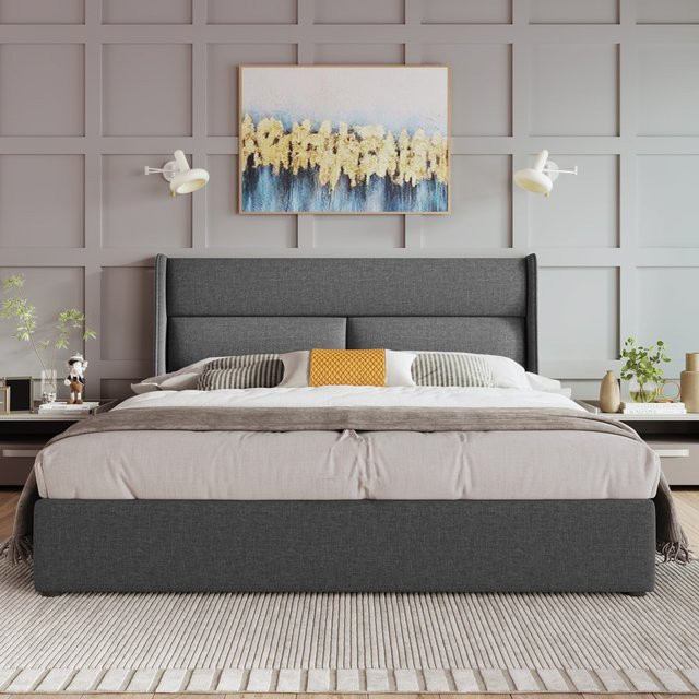 KOMHTOM Polsterbett Doppelbett in Grau mit hydraulischem Stauraum und Metall-Lattenrost, B/T/H: 160 x 200 cm - Bild 1