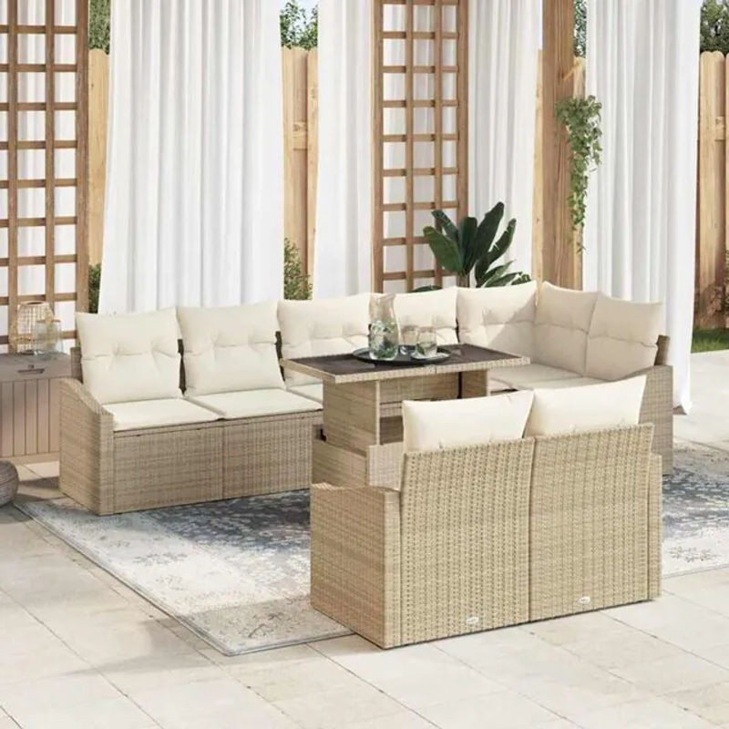Vidaxl Garten Sofa Set aus 9 Teilen in Beige mit Polyrattan und Polyester Loungemöbeln - Bild 1