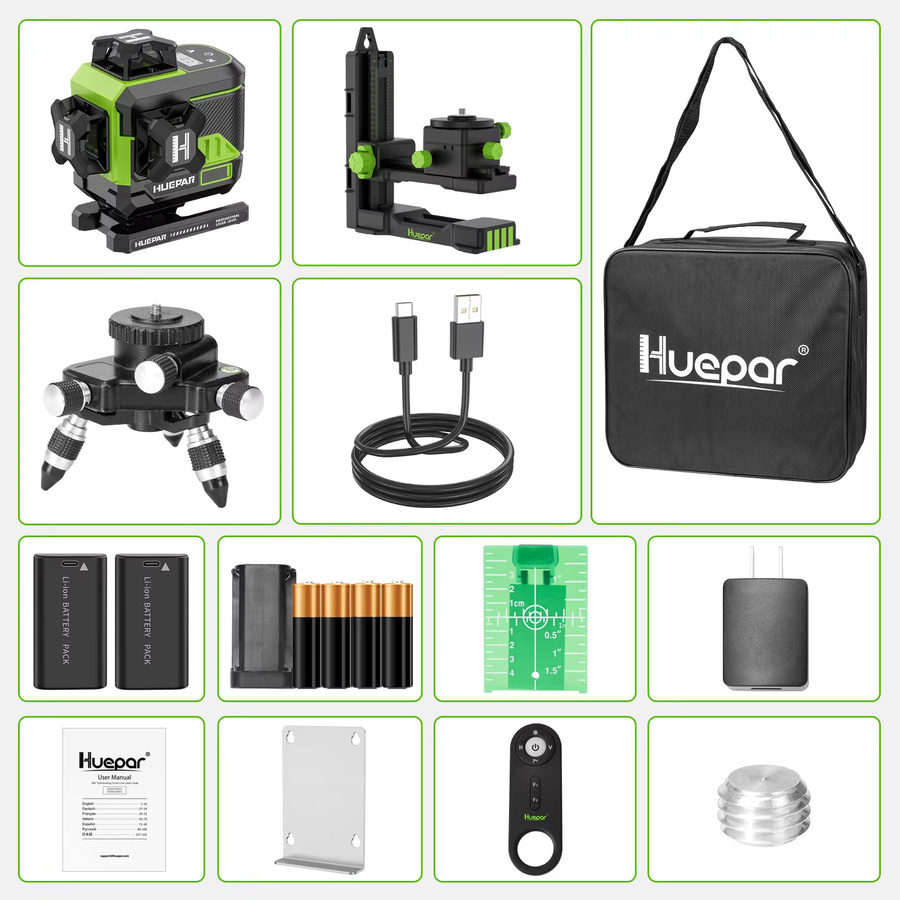 Huepar 4D 16 Linien Laser Level Z04CG Selbstnivellierender Grüner Kreuzlinien Laser Level mit Fernbedienung, Stativ, Detektor und 2 Akkus - Bild 7