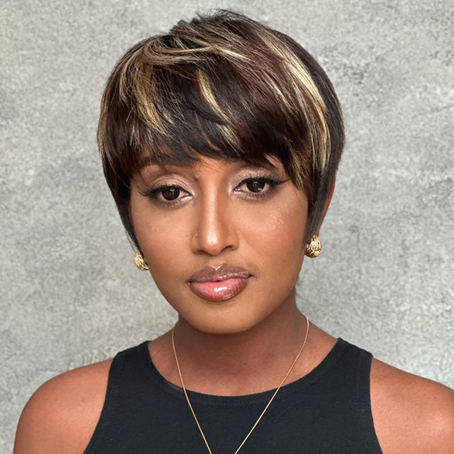 OYM HAIR Pixie-Schnitt-Perücke mit Pony, schwarz, blond-weiß, Remy-Echthaar - Bild 1