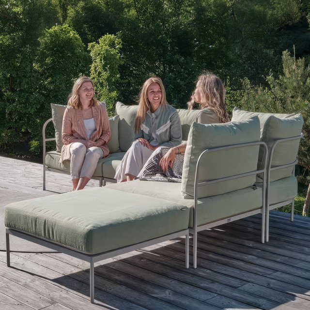 Stern Coco Loungeset 5-teilig in Greige mit Salbei-Kissen, L-Form mit Ottoman und Aluminiumgestell - Bild 1